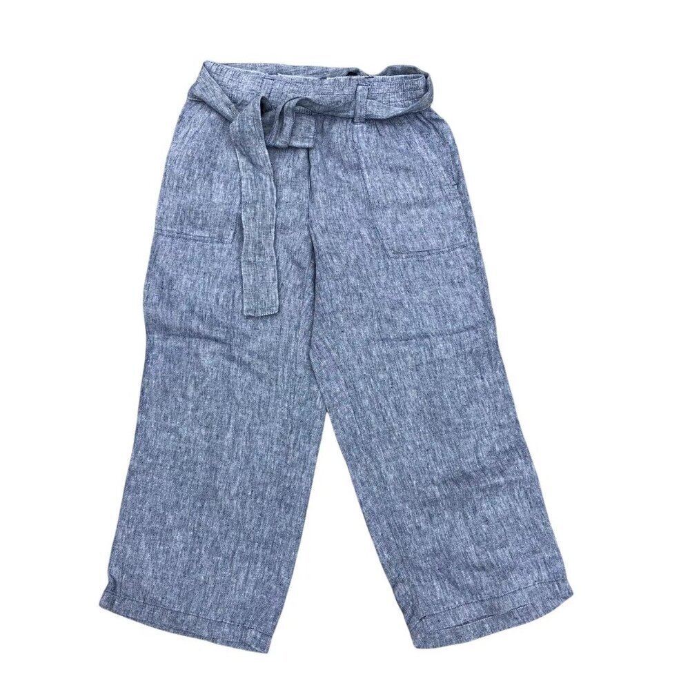 LANDS' END Linen Pants Women's 12 Mid Rise Wide Leg Tie Elastic Waist Blue​​​